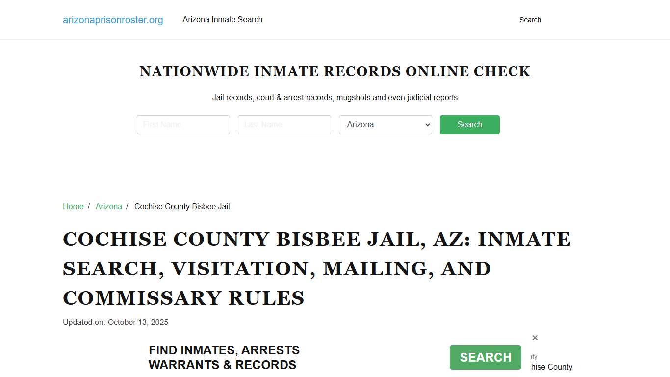 Cochise County Bisbee Jail, AZ: Inmate Search, Contacts, Visitations, Mail