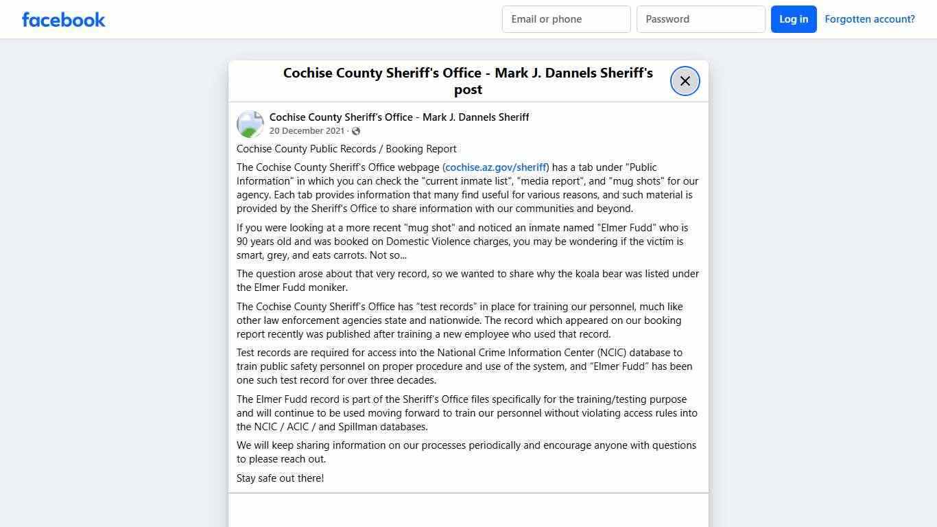 Cochise County Public Records / Booking Report The Cochise County Sheriff's Office webpage (cochise.az.gov/sheriff) has a tab under "Public Information" in which you can check the "current inmate list", "media report", and "mug shots" for our agency. Each tab provides information that many find useful for various reasons, and such material is provided by the Sheriff's Office to share information with our communities and beyond. If you were looking at a more recent "mug shot" and noticed an inmat